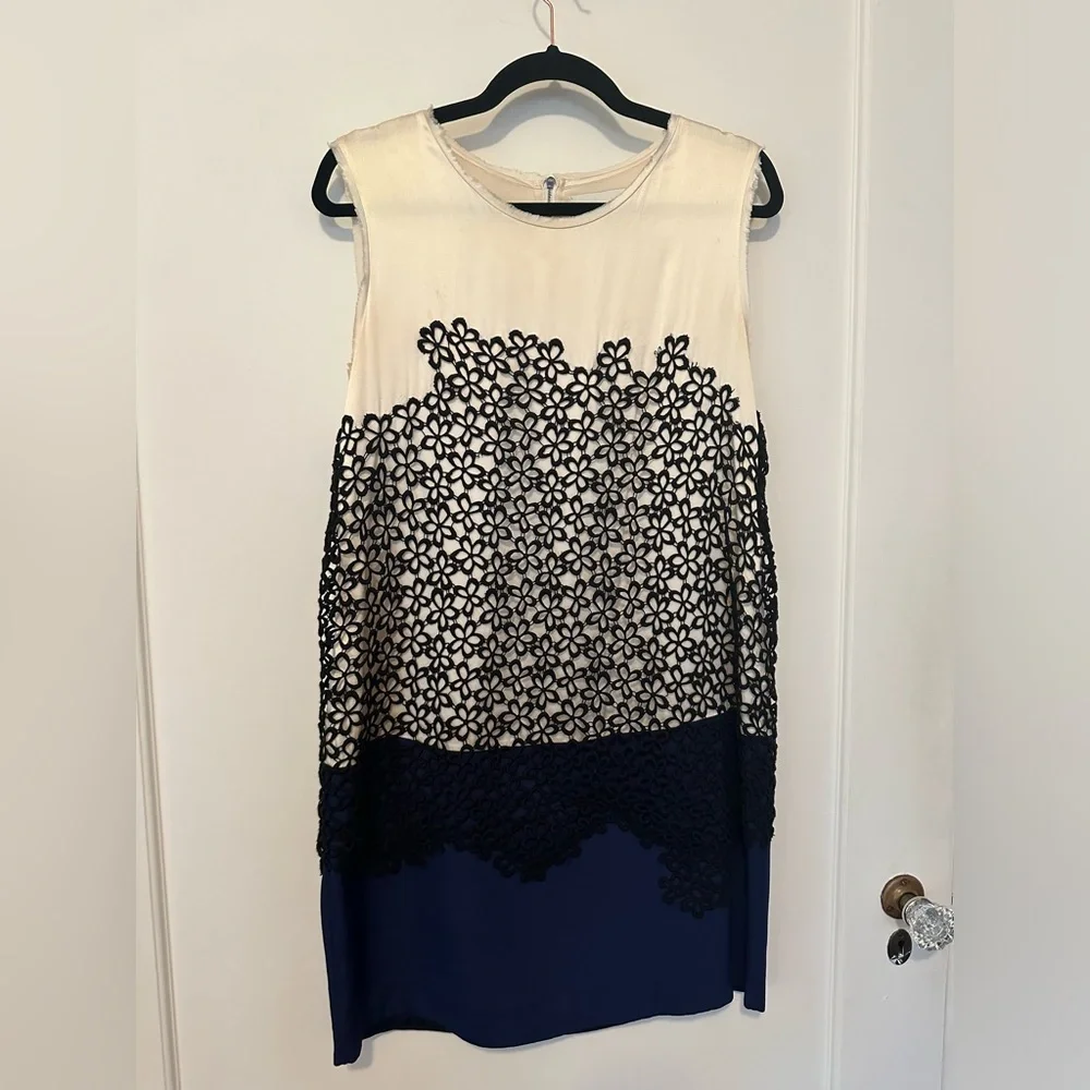 3.1 Phillip Lim cream and navy silk mini dress with black floral overlay- size 8 - Picture 3 of 12